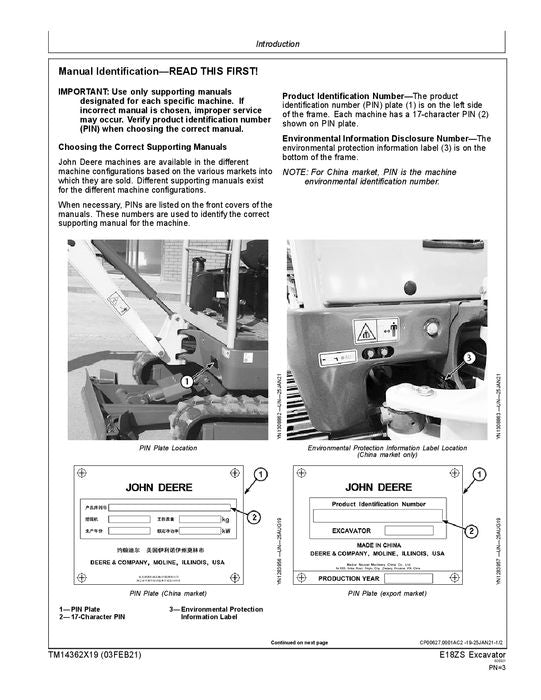 JOHN DEERE E18ZS EXCAVATOR REPAIR SERVICE TECHNICAL MANUAL TM14362X19