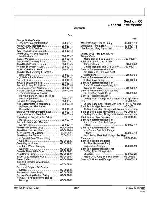 JOHN DEERE E18ZS EXCAVATOR REPAIR SERVICE TECHNICAL MANUAL TM14362X19