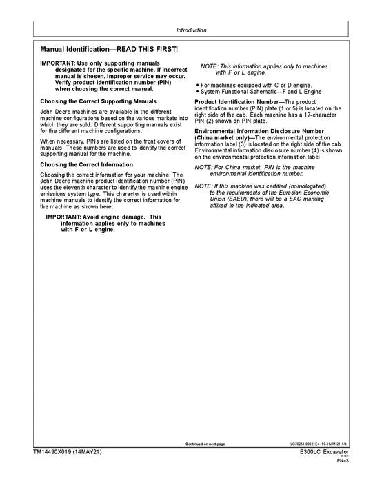 JOHN DEERE E300-II EXCAVATOR REPAIR SERVICE TECHNICAL MANUAL TM14490X019