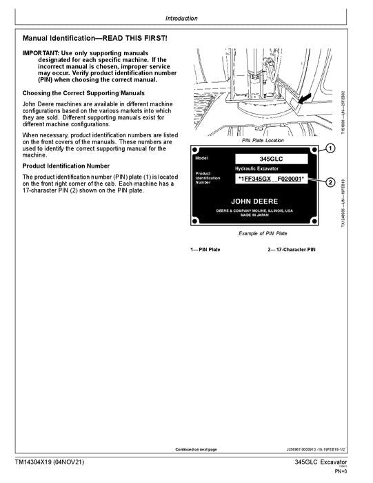 JOHN DEERE 345GLC EXCAVATOR REPAIR SERVICE TECHNICAL MANUAL TM14304X19