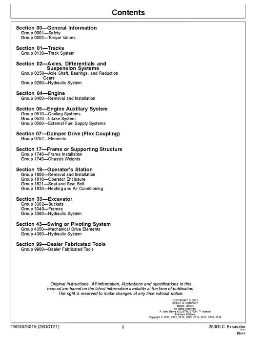 JOHN DEERE 250GLC BAGGER REPARATUR-SERVICEHANDBUCH Nr. 1