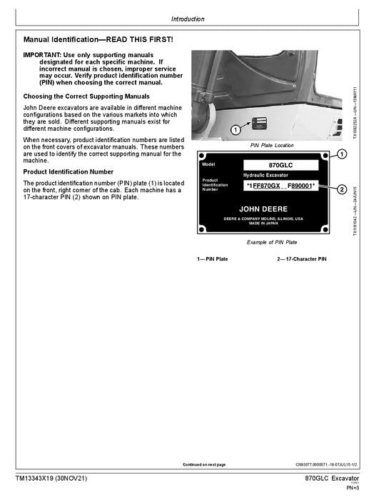 JOHN DEERE 870GLC EXCAVATOR REPAIR SERVICE TECHNICAL MANUAL TM13343X19