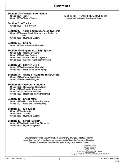 JOHN DEERE 870GLC EXCAVATOR REPAIR SERVICE TECHNICAL MANUAL TM12182