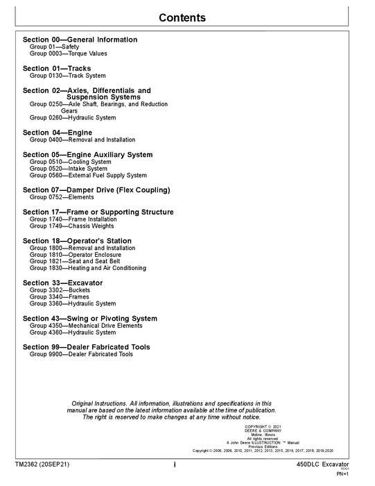 JOHN DEERE 450DLC EXCAVATOR REPAIR SERVICE TECHNICAL MANUAL TM2362