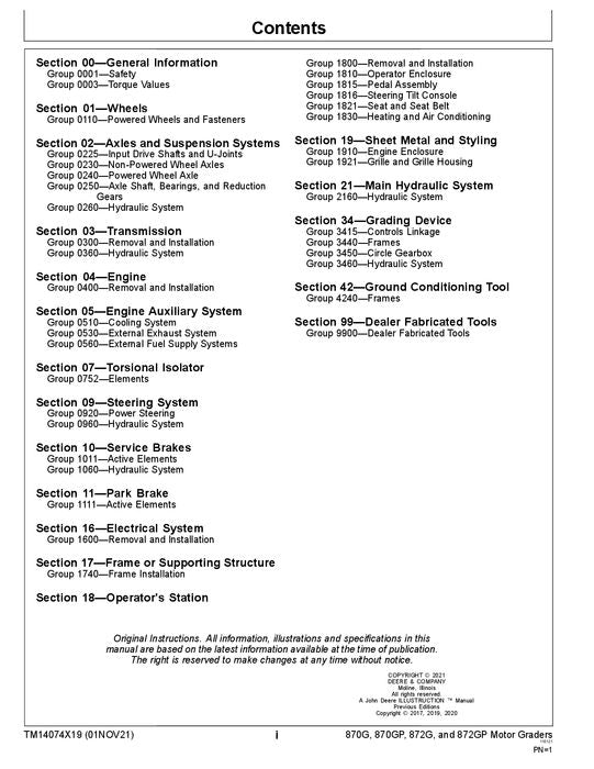 JOHN DEERE 870G 870GP 872G 872GP GRADER REPAIR SERVICE MANUAL #1