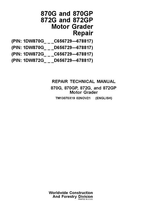 JOHN DEERE 870G 870GP 872G 872GP GRADER REPAIR SERVICE MANUAL #5