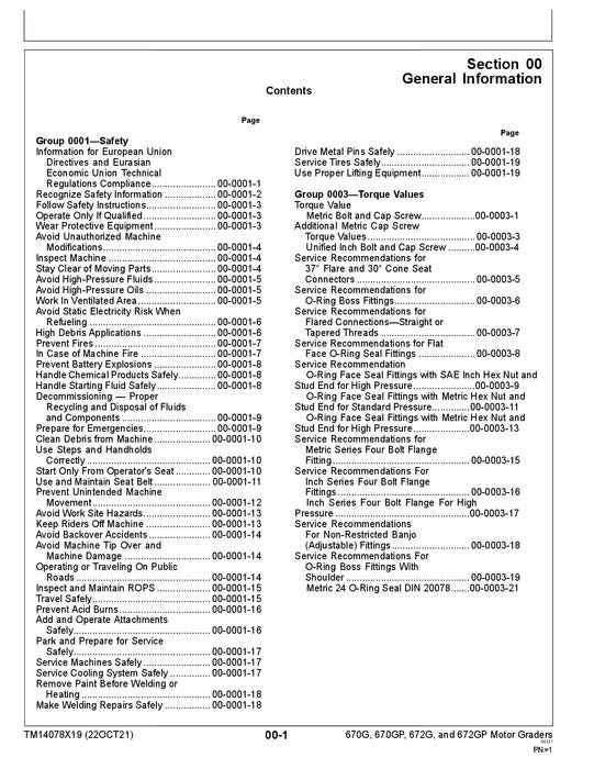 JOHN DEERE 670G 670GP 672G 672GP GRADER REPAIR SERVICE MANUAL TM14078X19