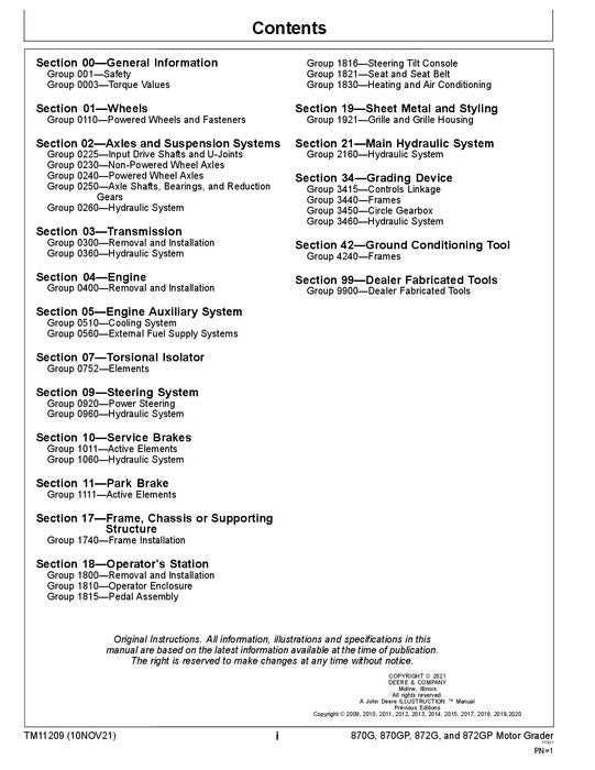 JOHN DEERE 870G 870GP 872G 872GP GRADER REPAIR SERVICE MANUAL #7