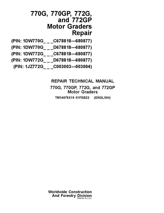 JOHN DEERE 770G 772G GRADER REPARATUR-SERVICEHANDBUCH Nr. 1