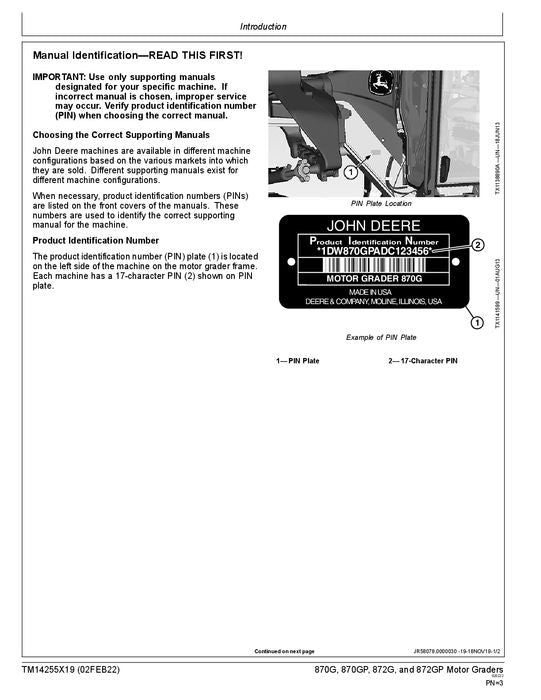 JOHN DEERE 870G 872G GRADER REPAIR SERVICE MANUAL