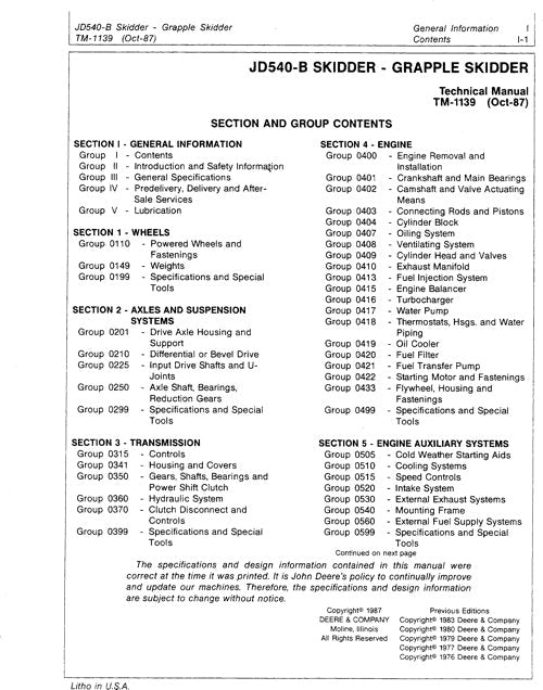 JOHN DEERE 540B SKIDDER REPAIR SERVICE TECHNICAL MANUAL TM1139A