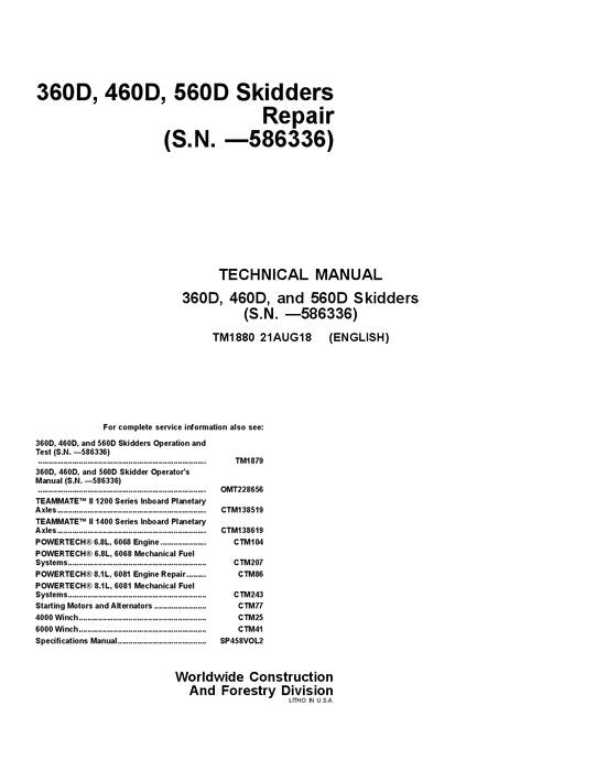 JOHN DEERE 560D 460D 360D SKIDDER REPARATUR-SERVICEHANDBUCH