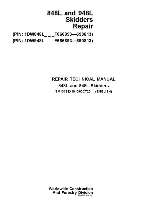 JOHN DEERE 848L 948L SKIDDER REPARATUR-SERVICEHANDBUCH Nr. 1