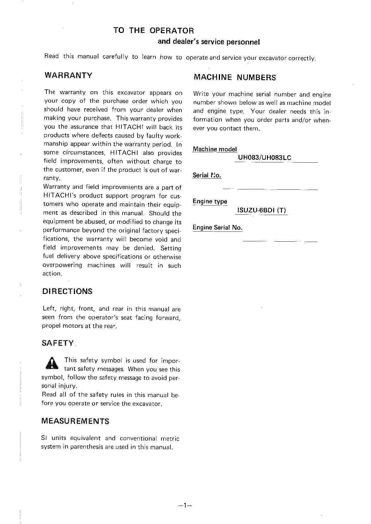 HITACHI UH083 UH083LC EXCAVATOR OPERATORS MANUAL