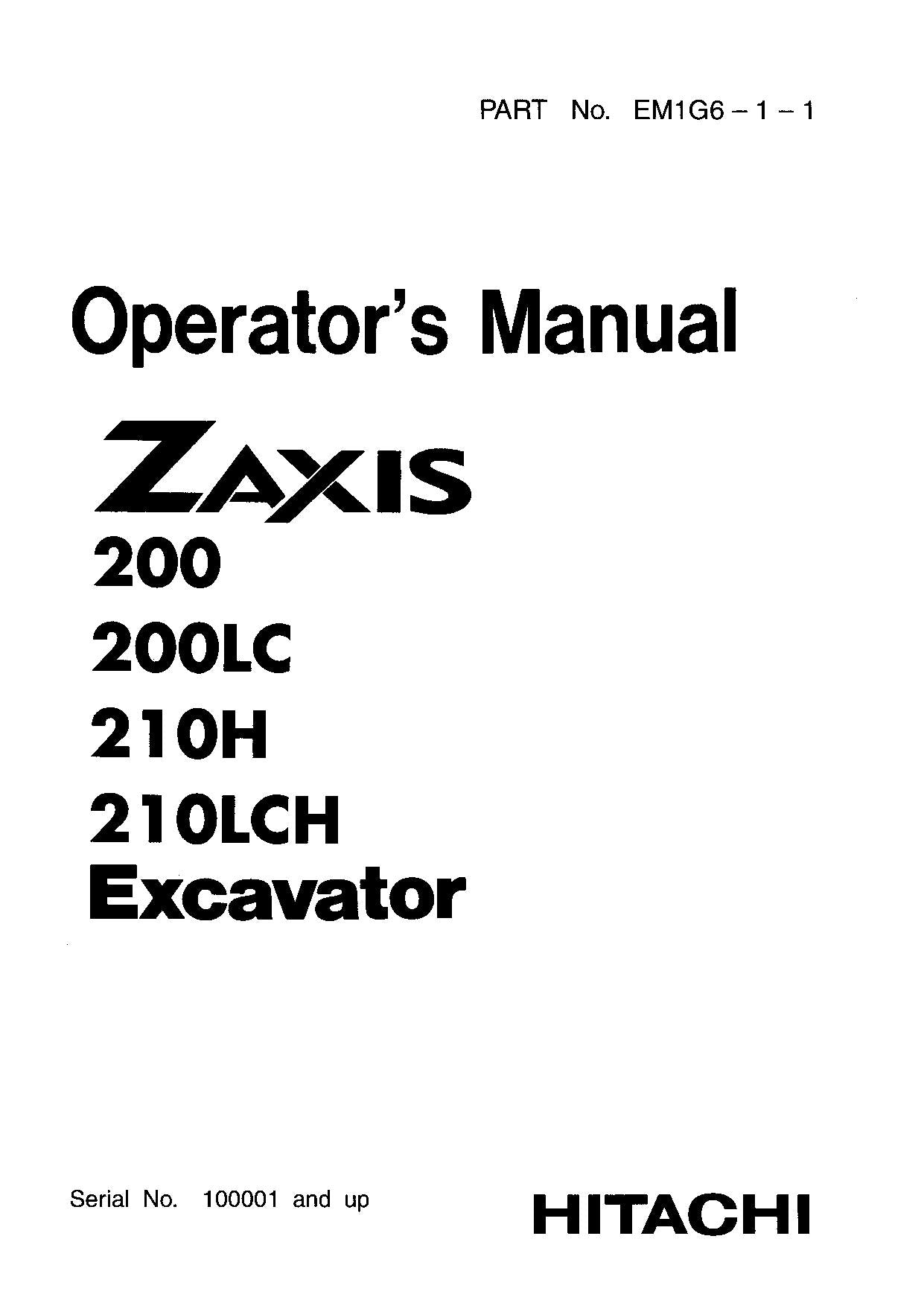 HITACHI ZAXIS ZX 200 EXCAVATOR OPERATORS MANUAL EM1G611