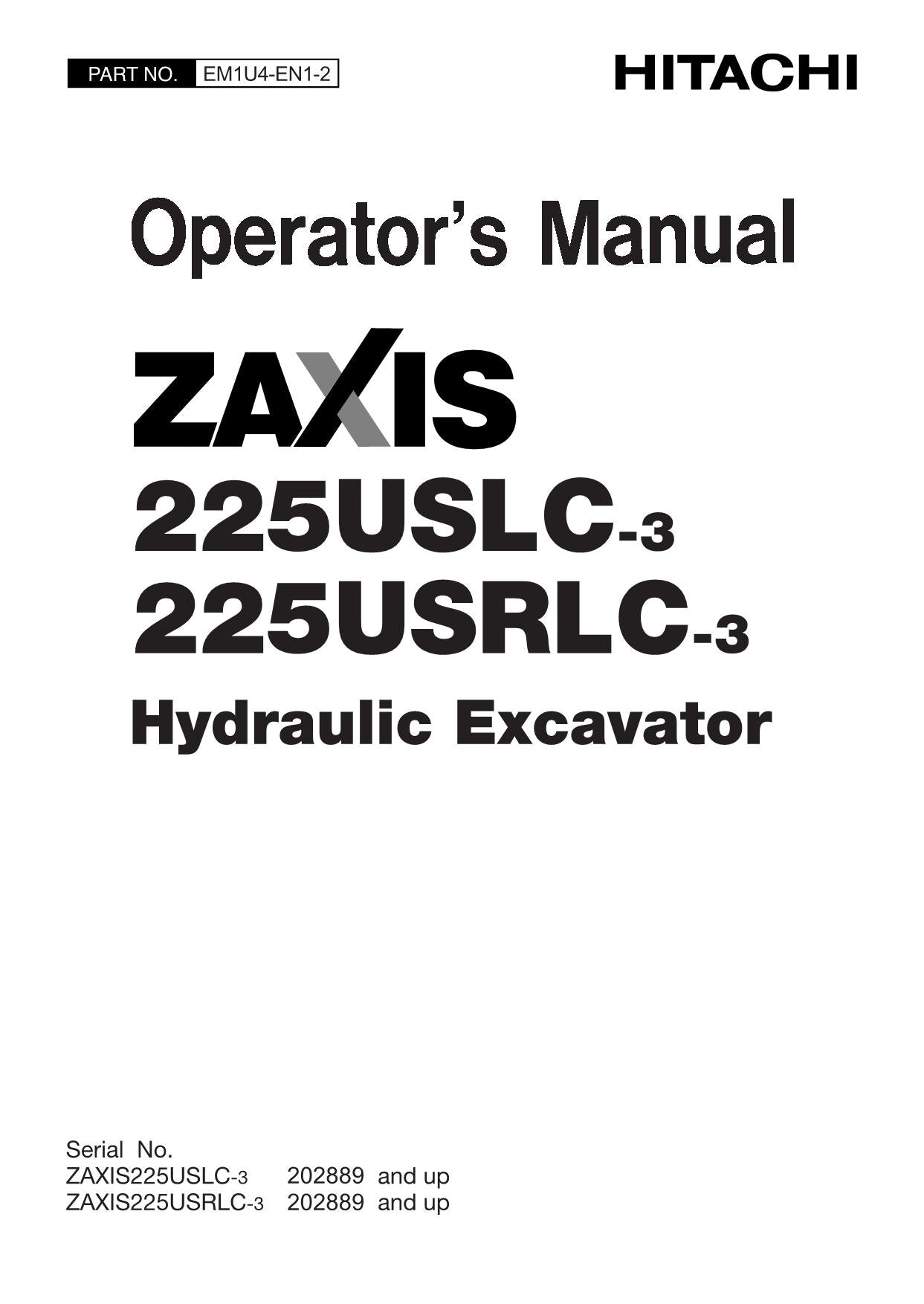 HITACHI ZAXIS ZX 225USLC-3 225USRLC EXCAVATOR OPERATORS MANUAL