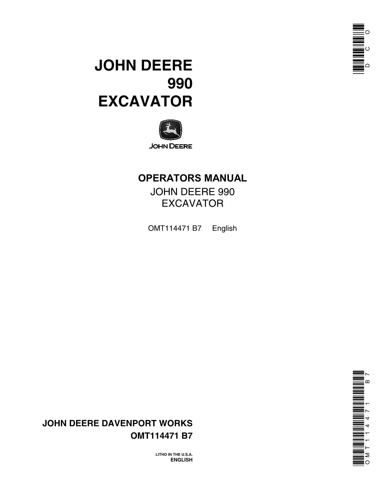 JOHN DEERE 990 EXCAVATOR OPERATORS MANUAL