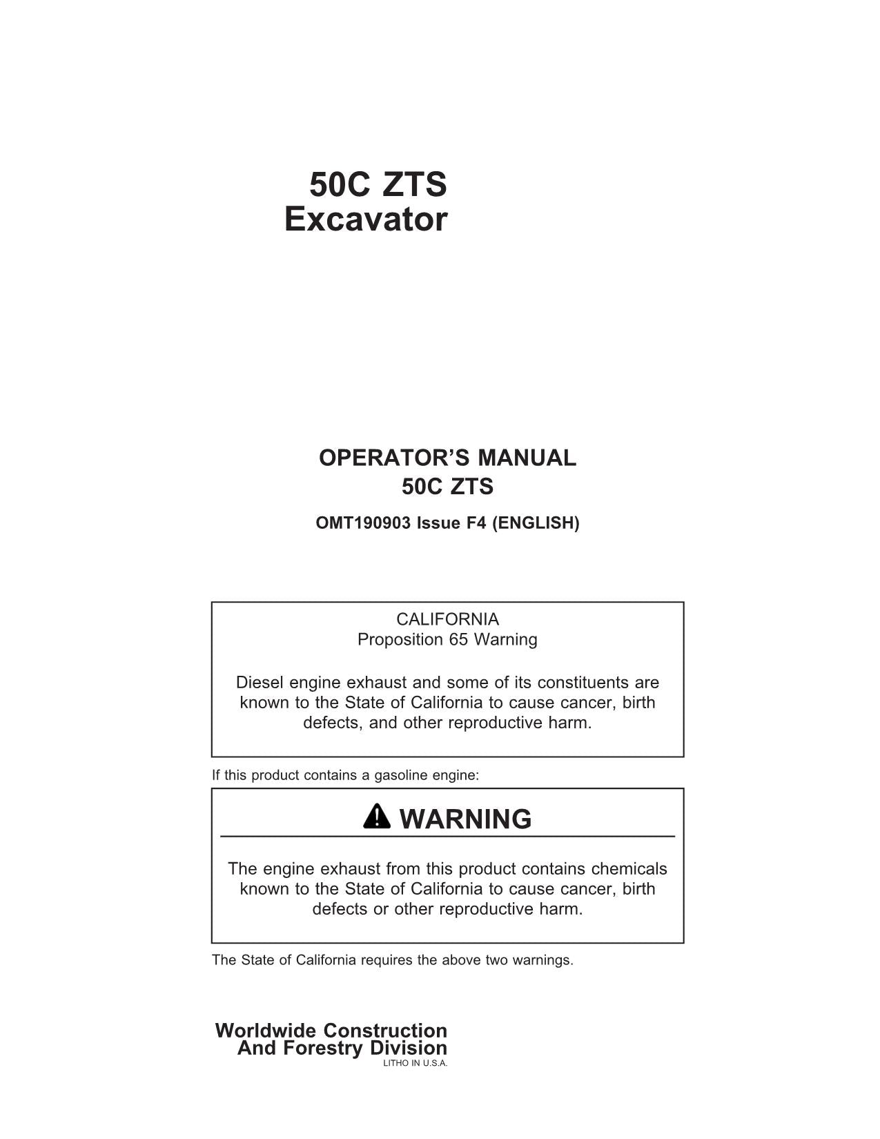 JOHN DEERE 50CZTS EXCAVATOR OPERATORS MANUAL