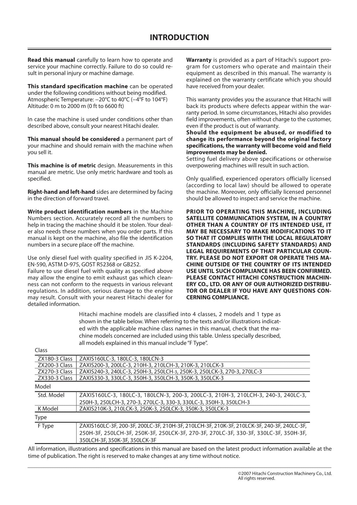 HITACHI ZAXIS ZX 160LC-3 210LCK-3 240-3 240LC-3 250H-3  EXCAVATOR OPERATORS MANUAL