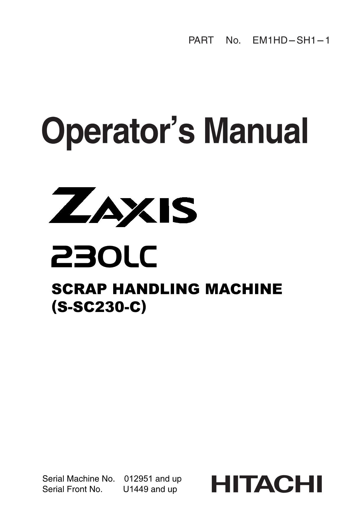 HITACHI ZAXIS ZX 230LC EXCAVATOR OPERATORS MANUAL