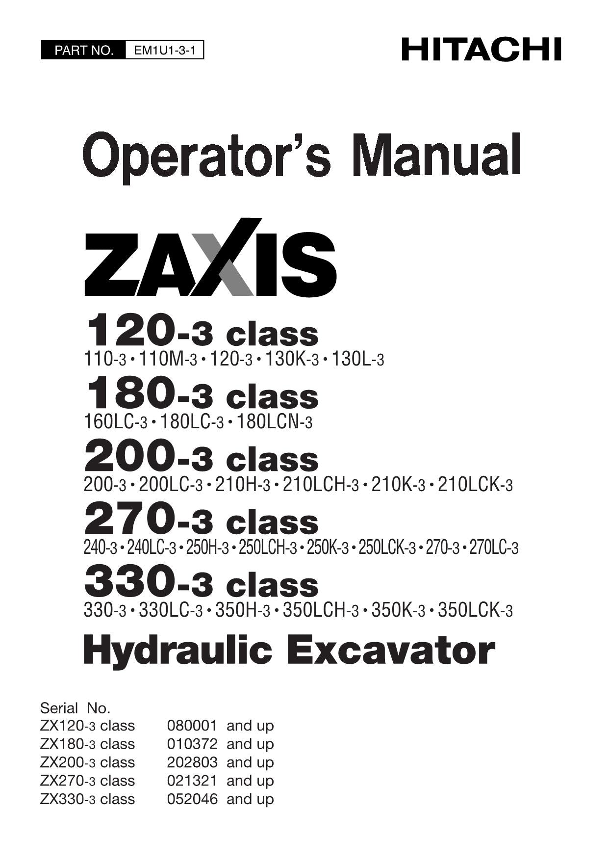 HITACHI ZAXIS ZX 120-3 180-3 200-3 270-3 330-3 BAGGER-BETRIEBSHANDBUCH Nr. 1