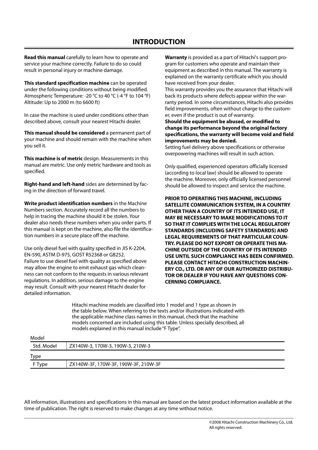 HITACHI ZAXIS ZX 140W-3 170W-3 190W-3 210W-3 EXCAVATOR OPERATORS MANUAL #2