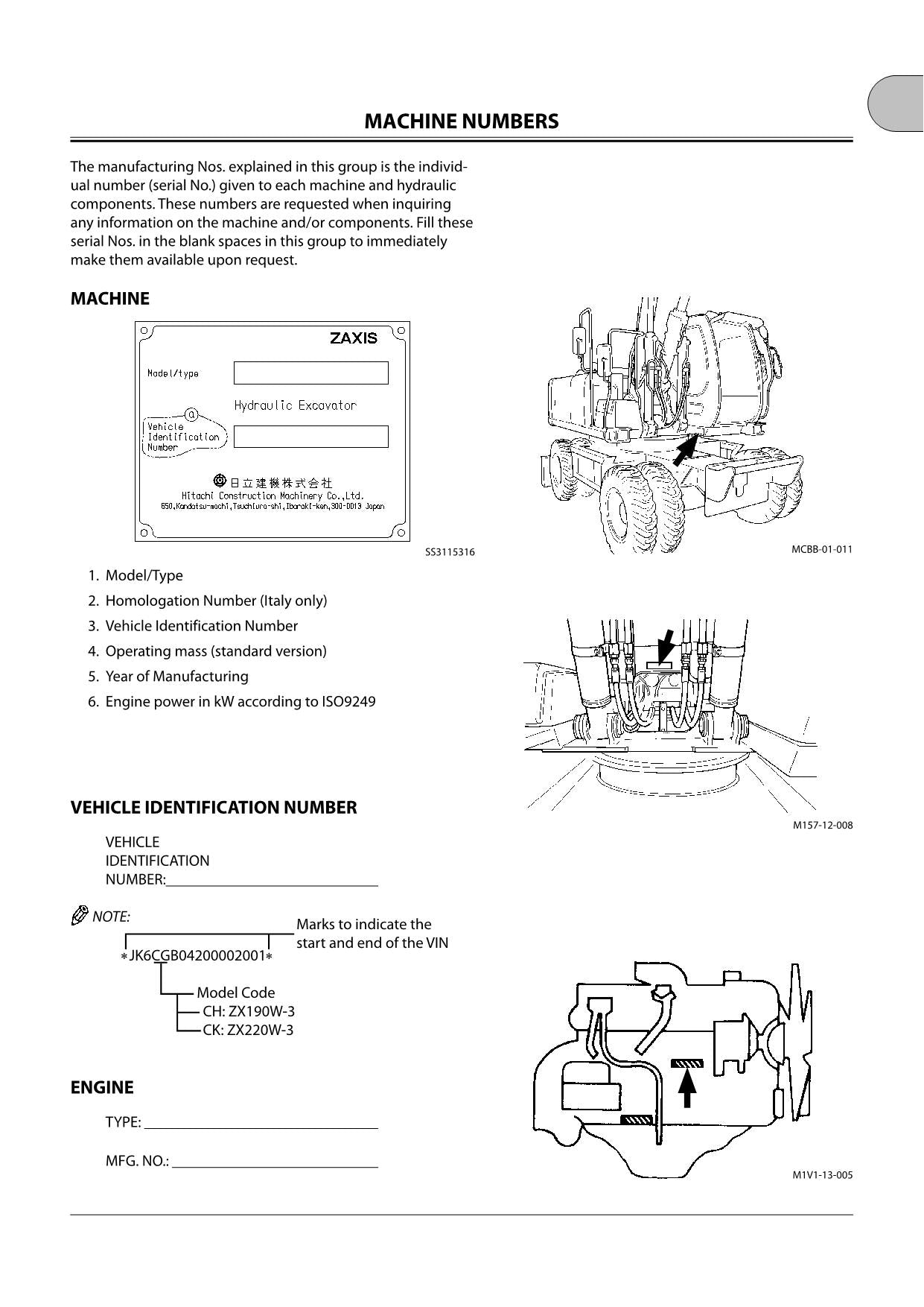 HITACHI ZAXIS ZX 190W-3 220W-3 EXCAVATOR OPERATORS MANUAL