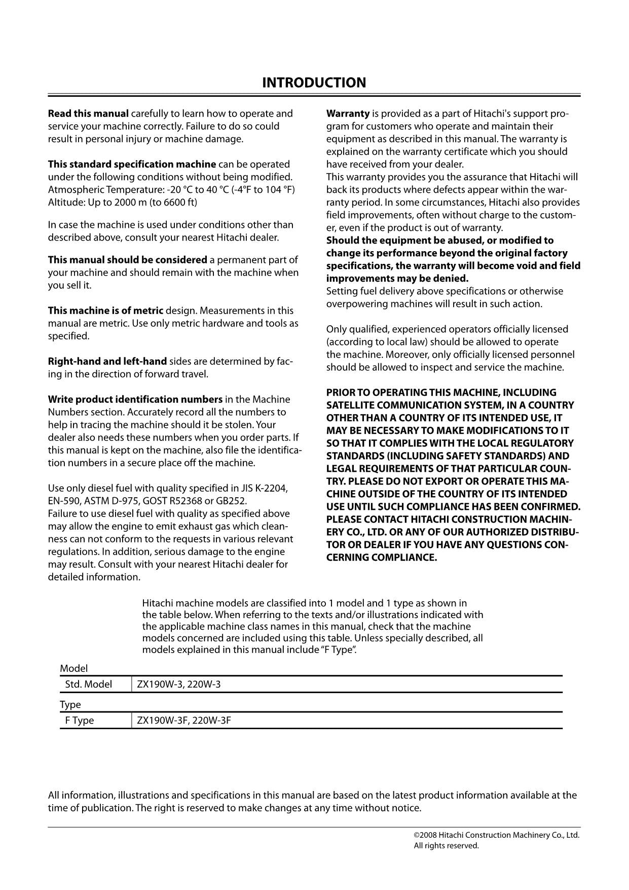 HITACHI ZAXIS ZX 190W-3 220W-3 EXCAVATOR OPERATORS MANUAL