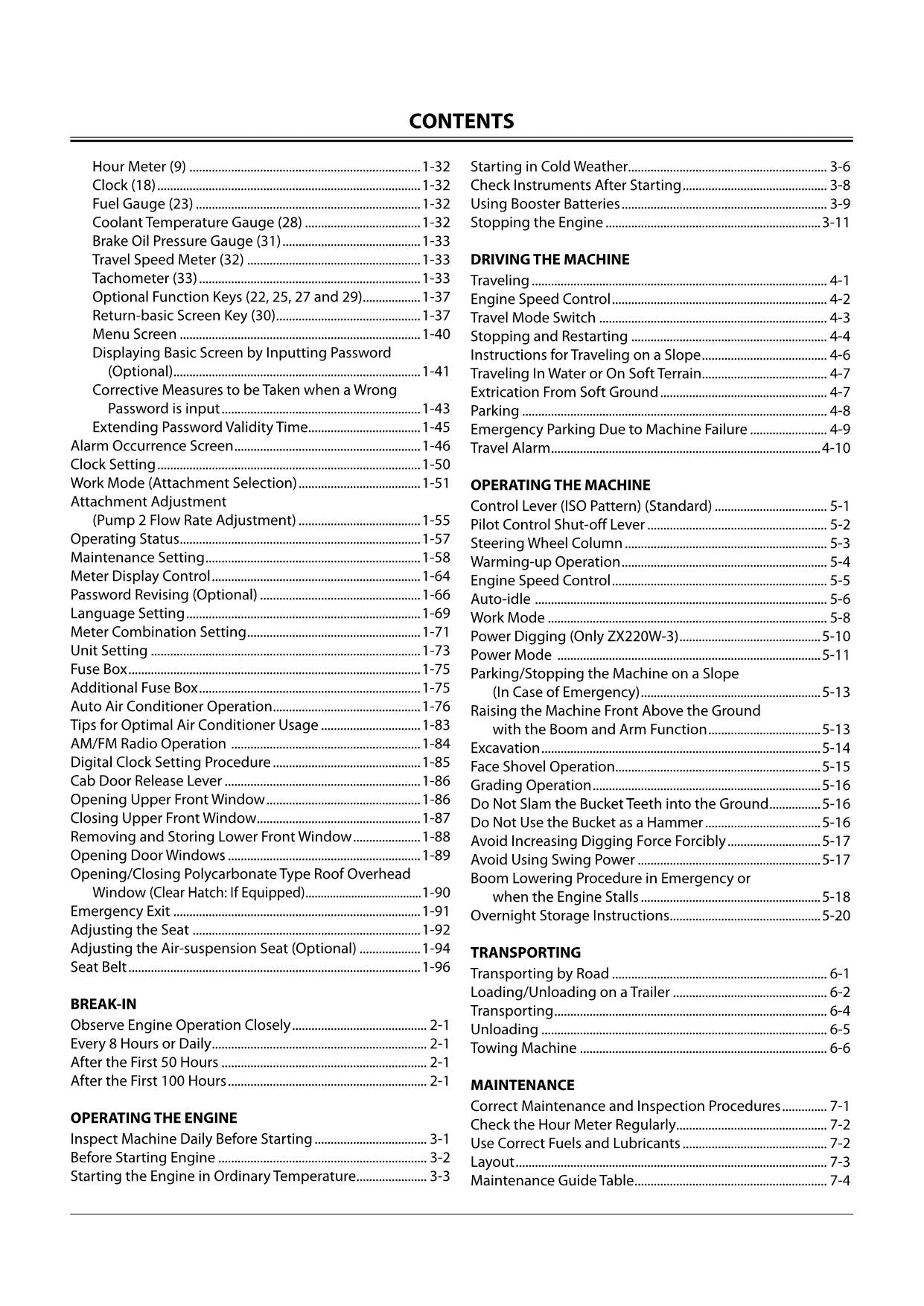 HITACHI ZAXIS ZX 190W-3 220W-3 EXCAVATOR OPERATORS MANUAL