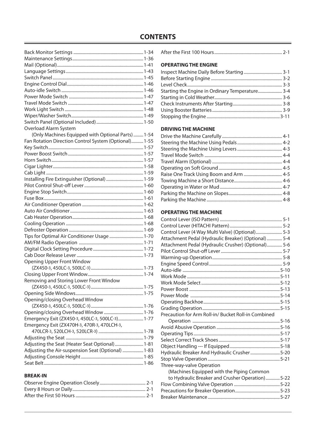 HITACHI ZAXIS ZX 450-3 470H-3 EXCAVATOR OPERATORS MANUAL