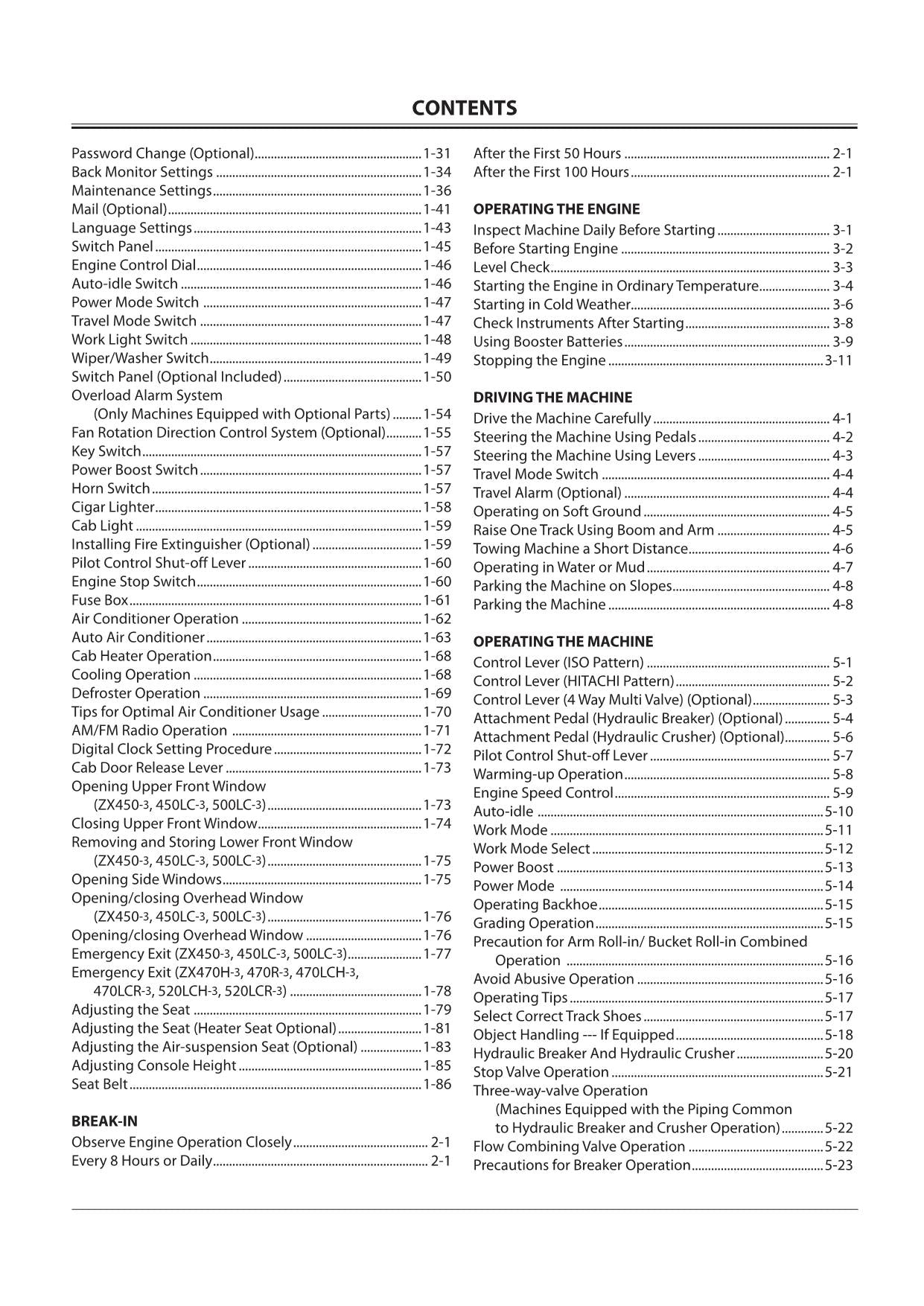 HITACHI ZAXIS ZX 450LC-3 500LC-3 EXCAVATOR OPERATORS MANUAL