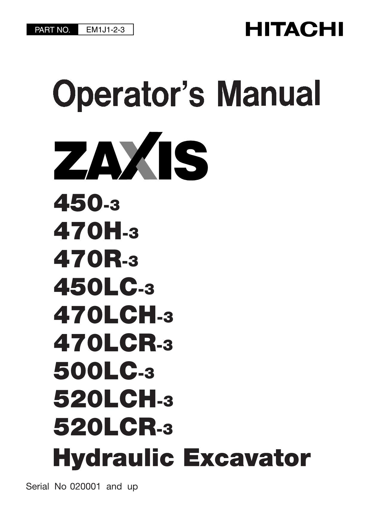 HITACHI ZAXIS ZX 450LC-3 500LC-3 EXCAVATOR OPERATORS MANUAL