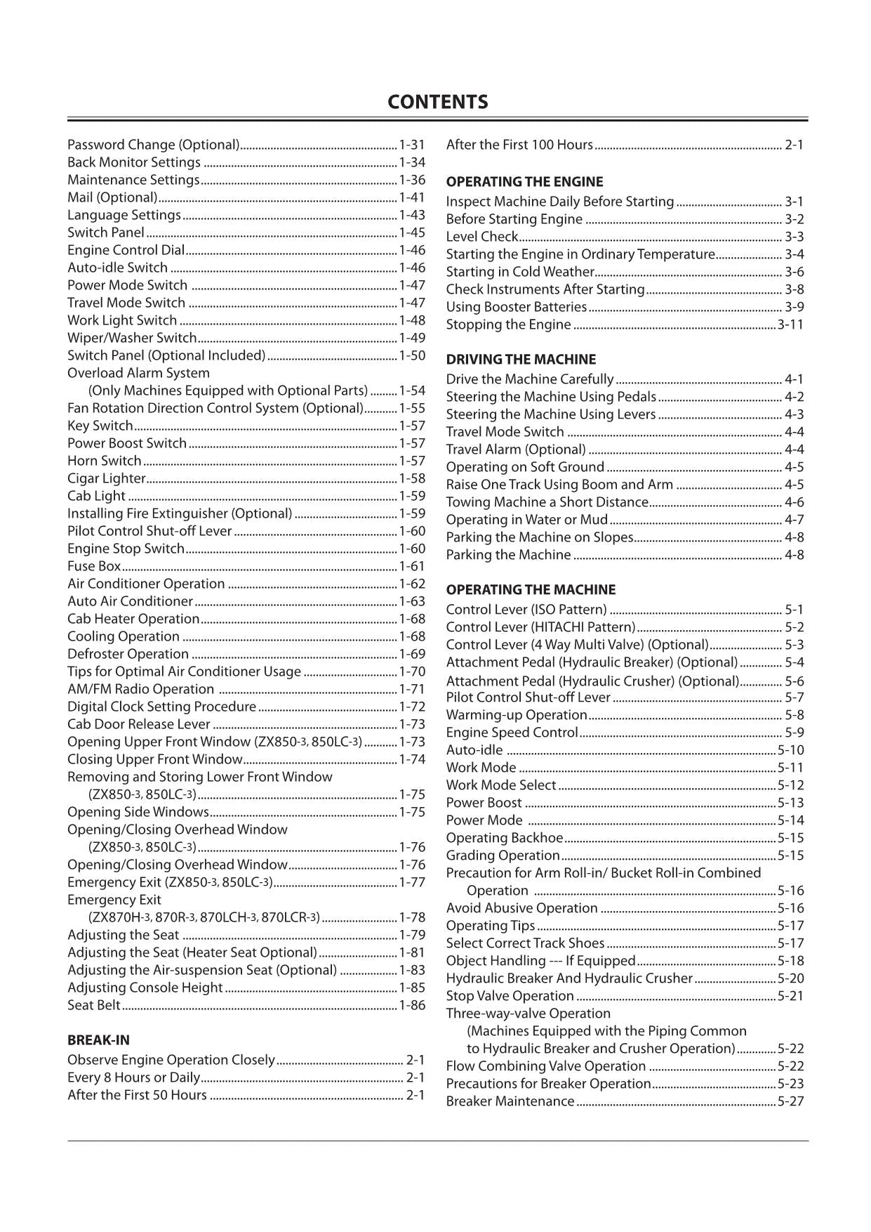 HITACHI ZAXIS ZX 850-3 850LC-3 870H-3 870LCH-3 EXCAVATOR OPERATORS MANUAL