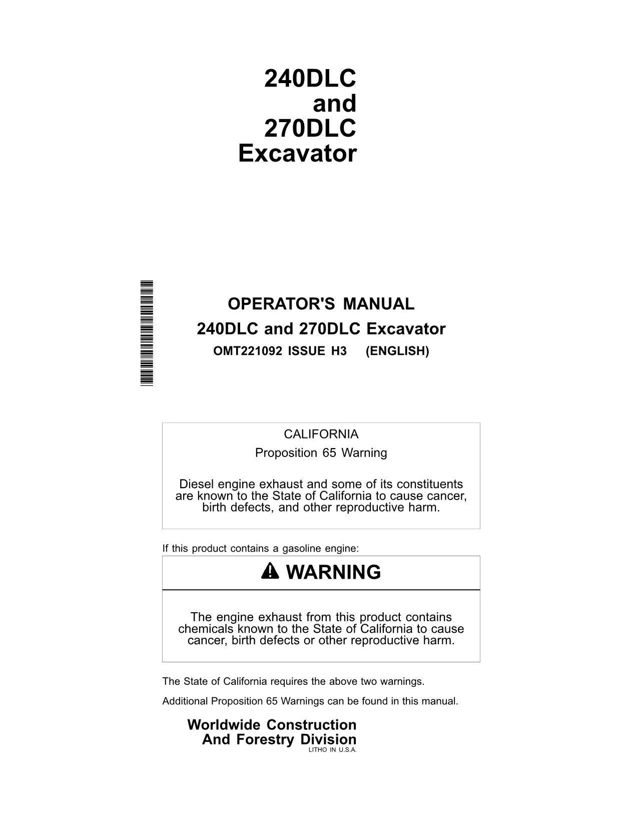 JOHN DEERE 240DLC 270DLC D SERIES EXCAVATOR OPERATORS MANUAL