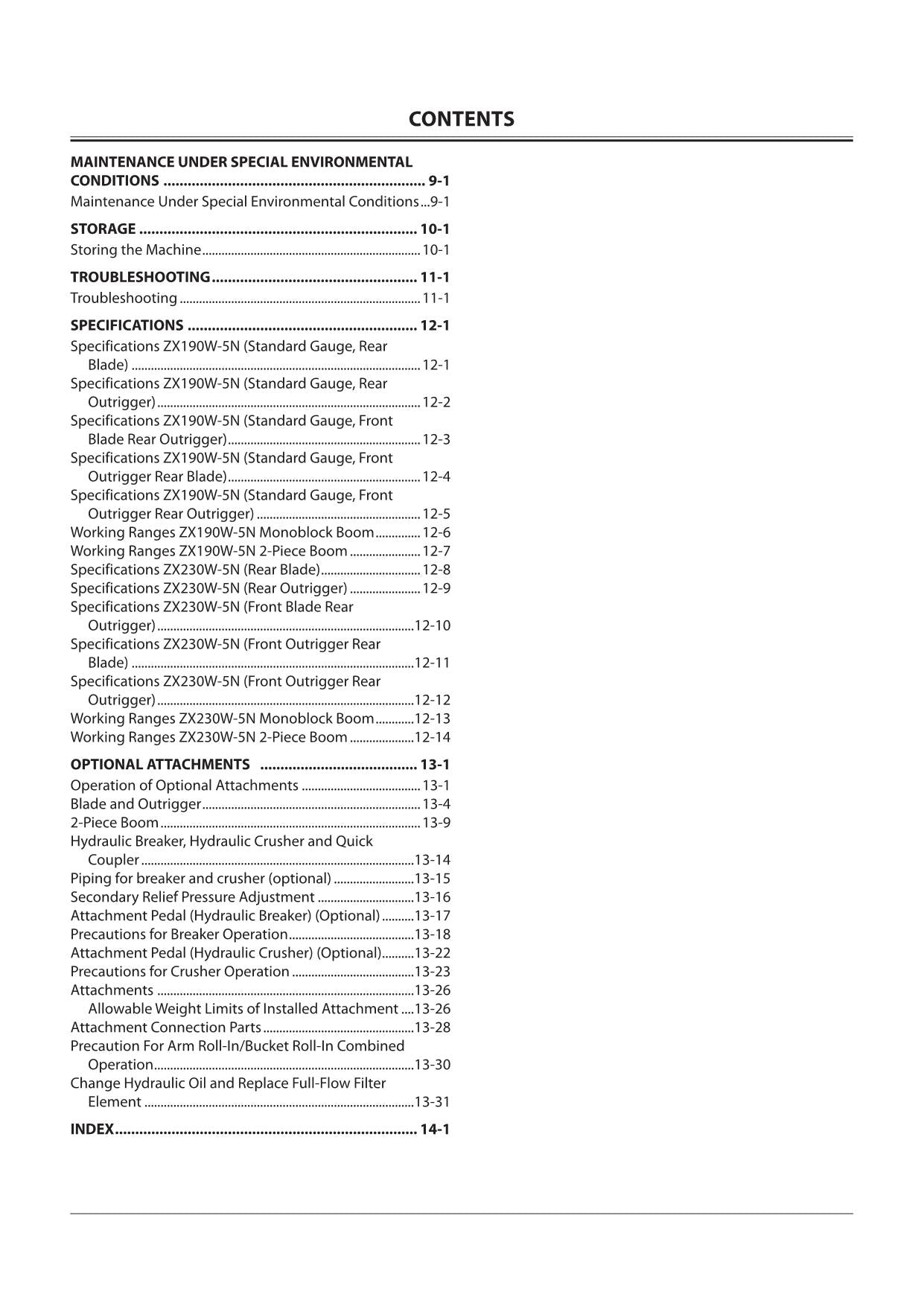 HITACHI ZAXIS ZX 190W-5N 230W-5N EXCAVATOR OPERATORS MANUAL