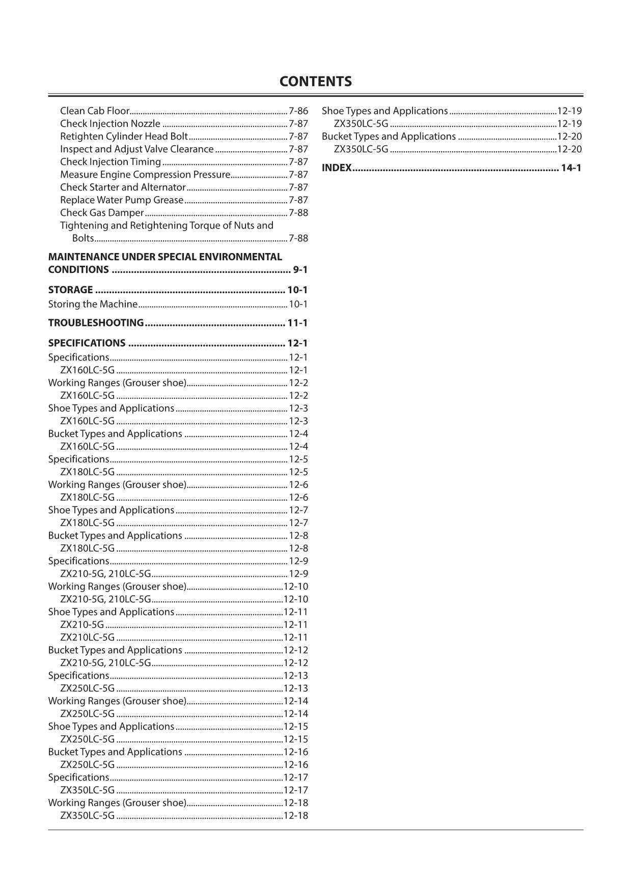 HITACHI ZAXIS ZX 160LC-5G 180LC-5G 210-5G 210LC-5G 250LC-5G 350LC-5G EXCAVATOR OPERATORS MANUAL