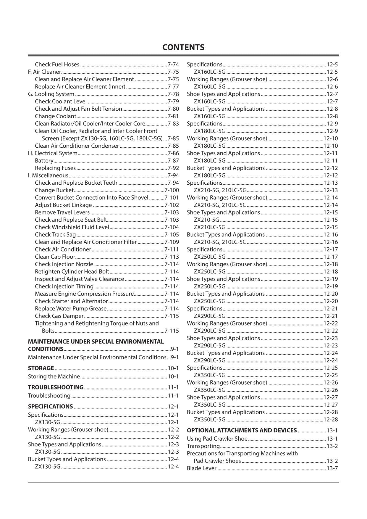 HITACHI ZAXIS ZX 130-5G 160LC-5G 180LC-5G 210-5G  EXCAVATOR OPERATORS MANUAL