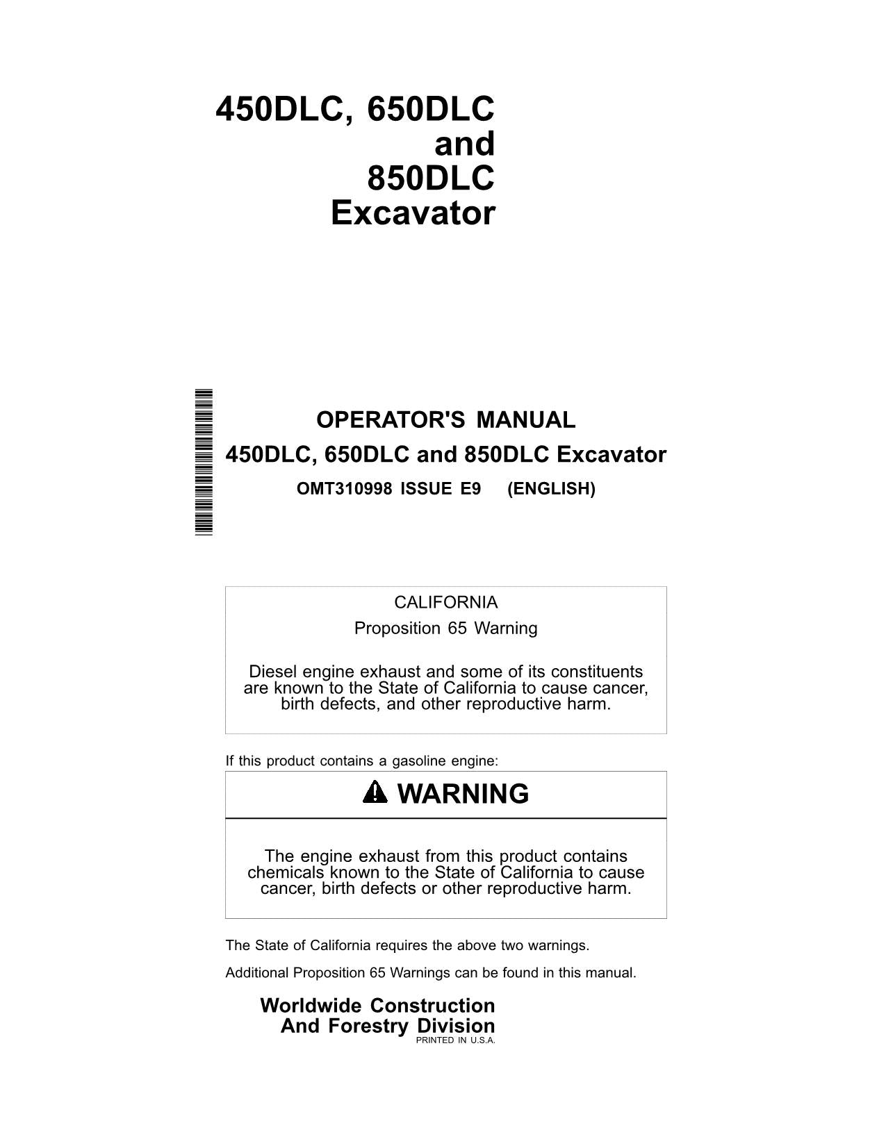 JOHN DEERE 450DLC 650DLC 850DLC EXCAVATOR OPERATORS MANUAL