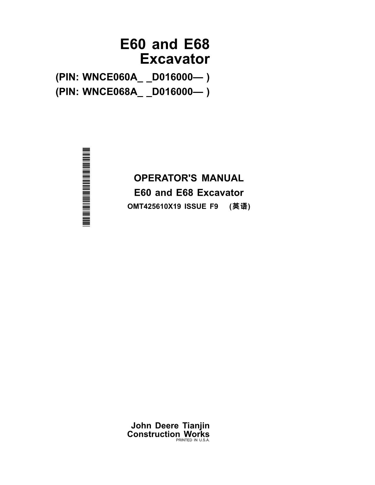 MANUEL D'UTILISATION DE L'EXCAVATRICE JOHN DEERE E60 E68