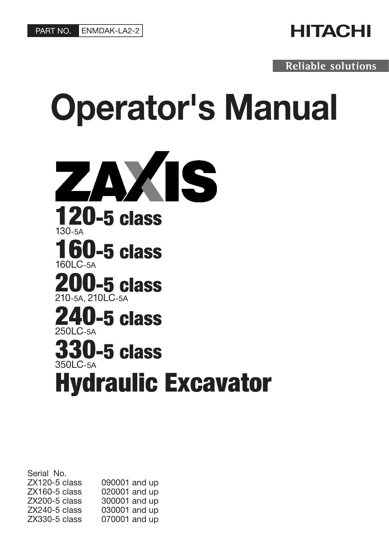 HITACHI ZAXIS ZX 210-5A 210LC-5A 350LC-5A EXCAVATOR OPERATORS MANUAL