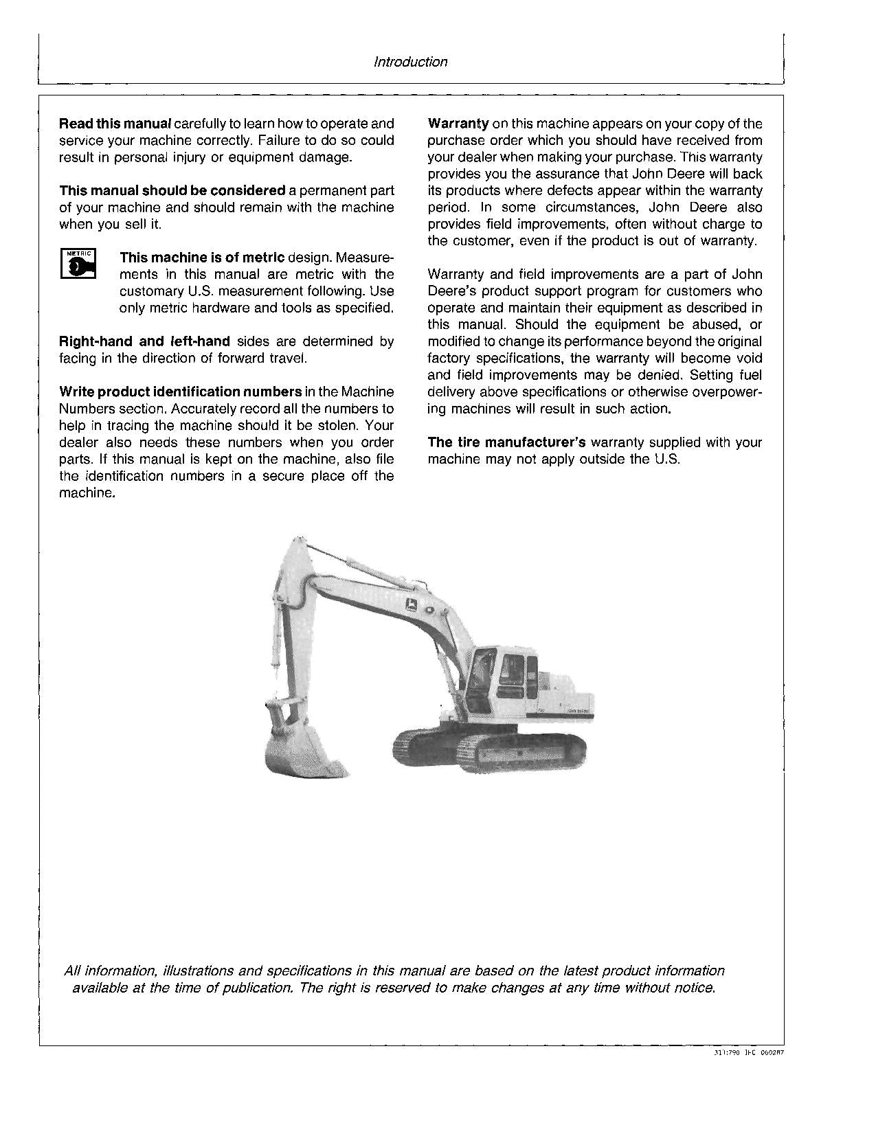 JOHN DEERE 790 EXCAVATOR OPERATORS MANUAL