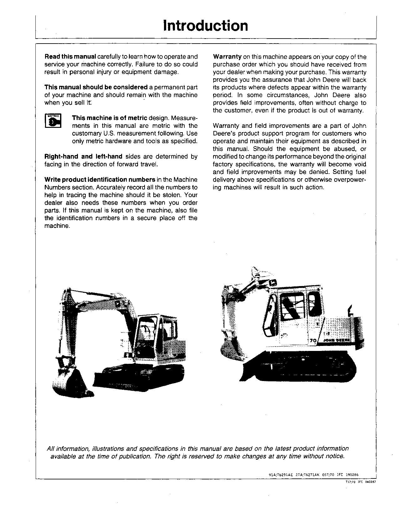 JOHN DEERE 70 EXCAVATOR OPERATORS MANUAL