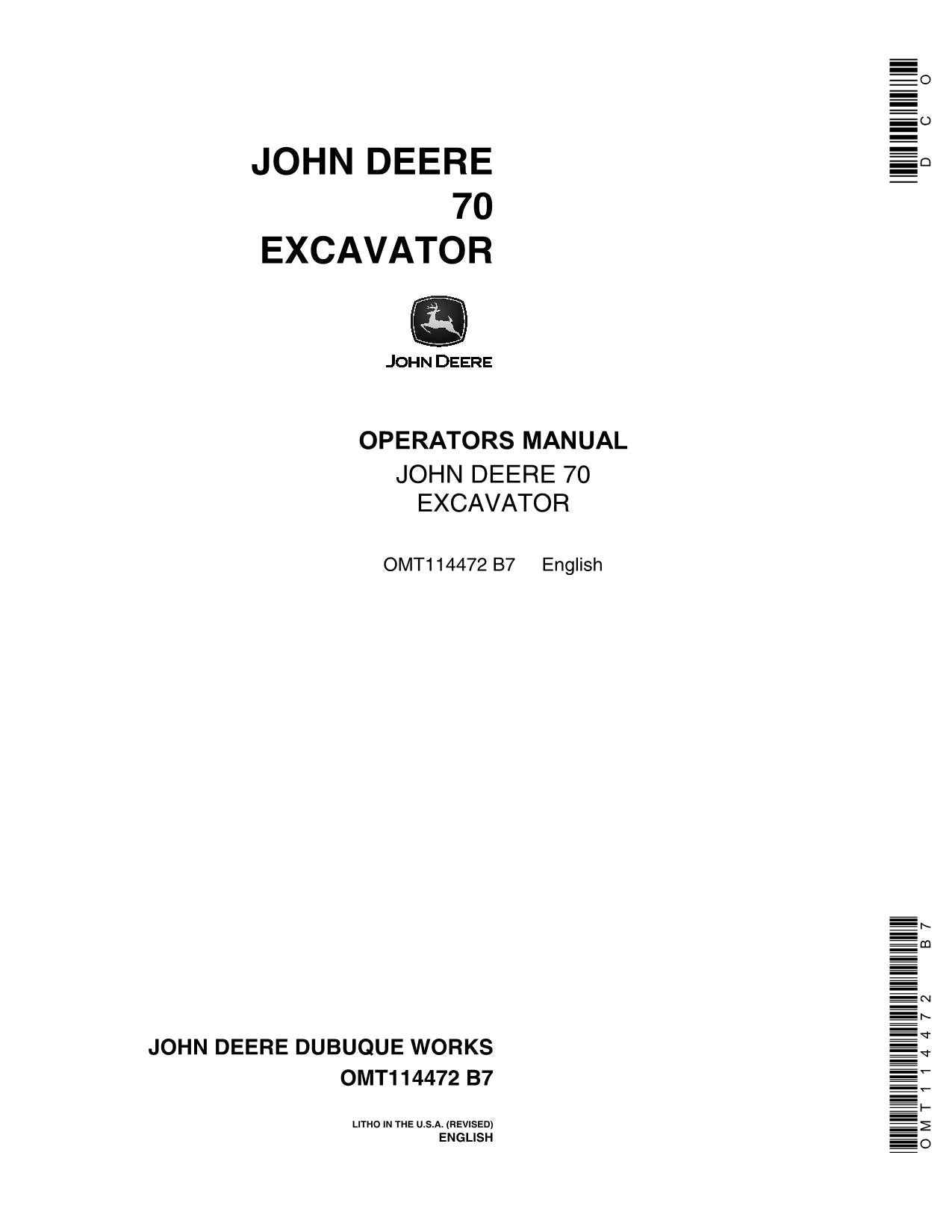 JOHN DEERE 70 EXCAVATOR OPERATORS MANUAL