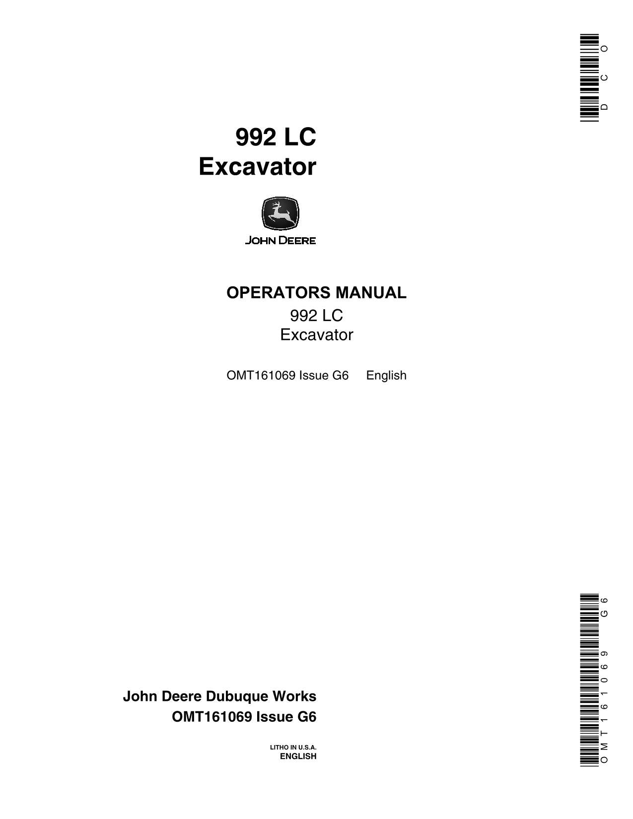 JOHN DEERE 992ELC EXCAVATOR OPERATORS MANUAL