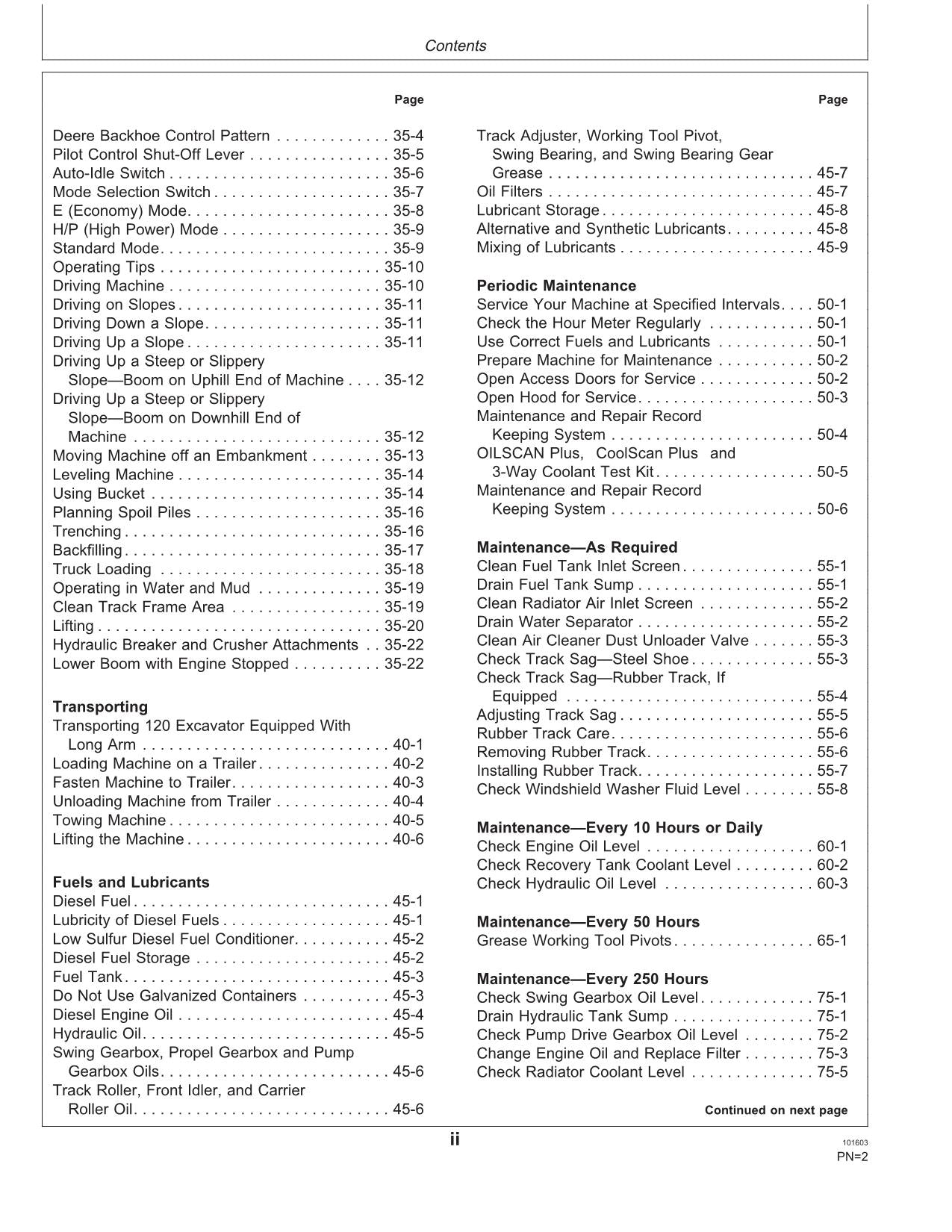 JOHN DEERE 120 EXCAVATOR OPERATORS MANUAL