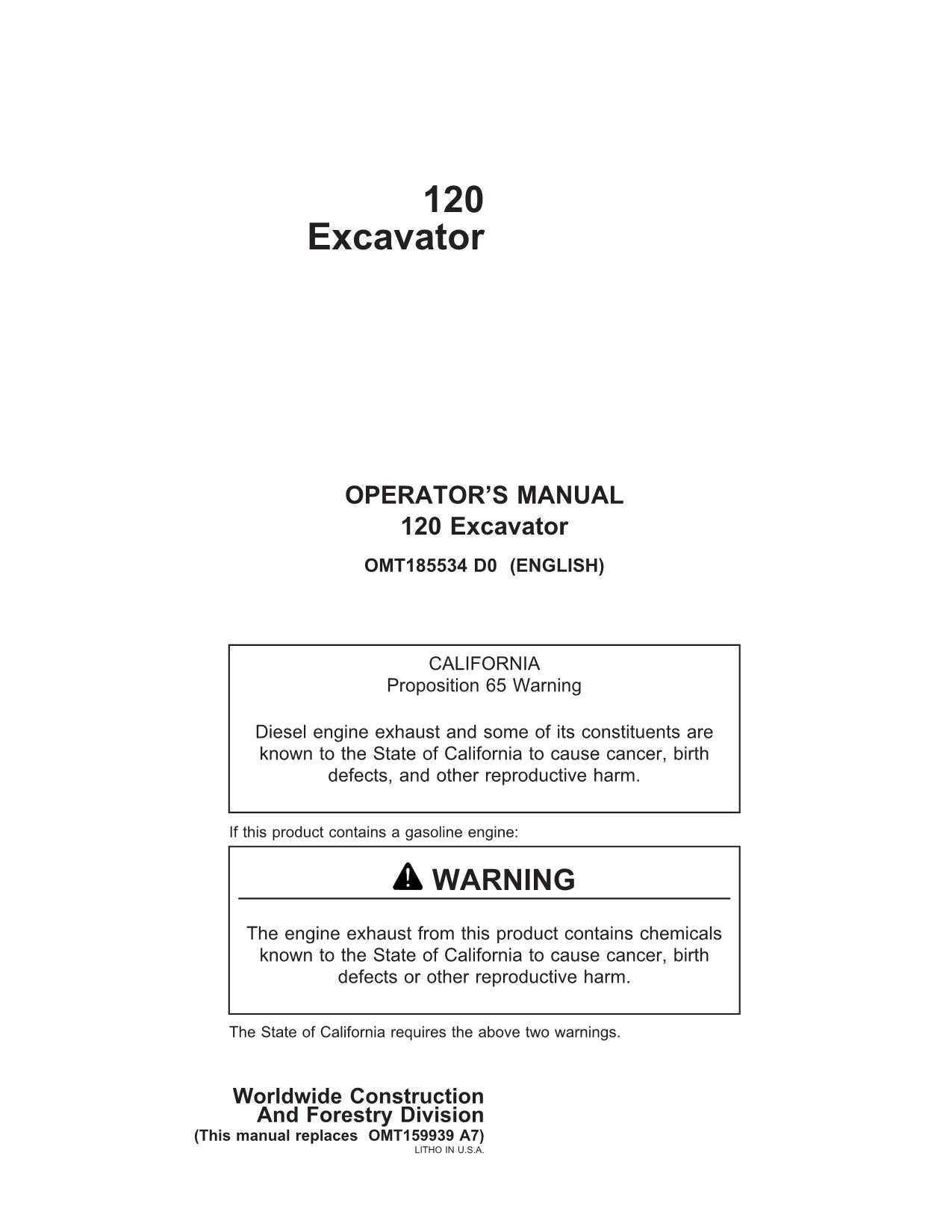 JOHN DEERE 120 EXCAVATOR OPERATORS MANUAL