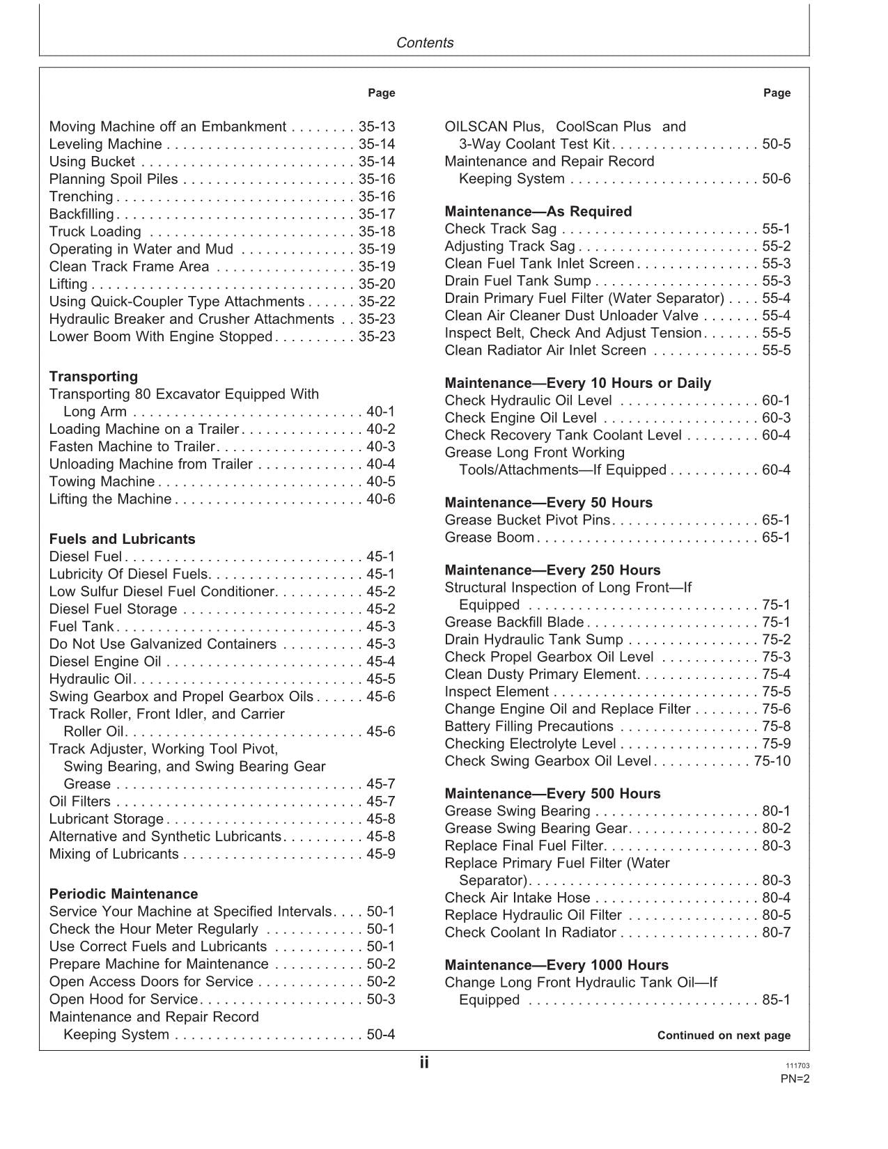 JOHN DEERE 80 EXCAVATOR OPERATORS MANUAL