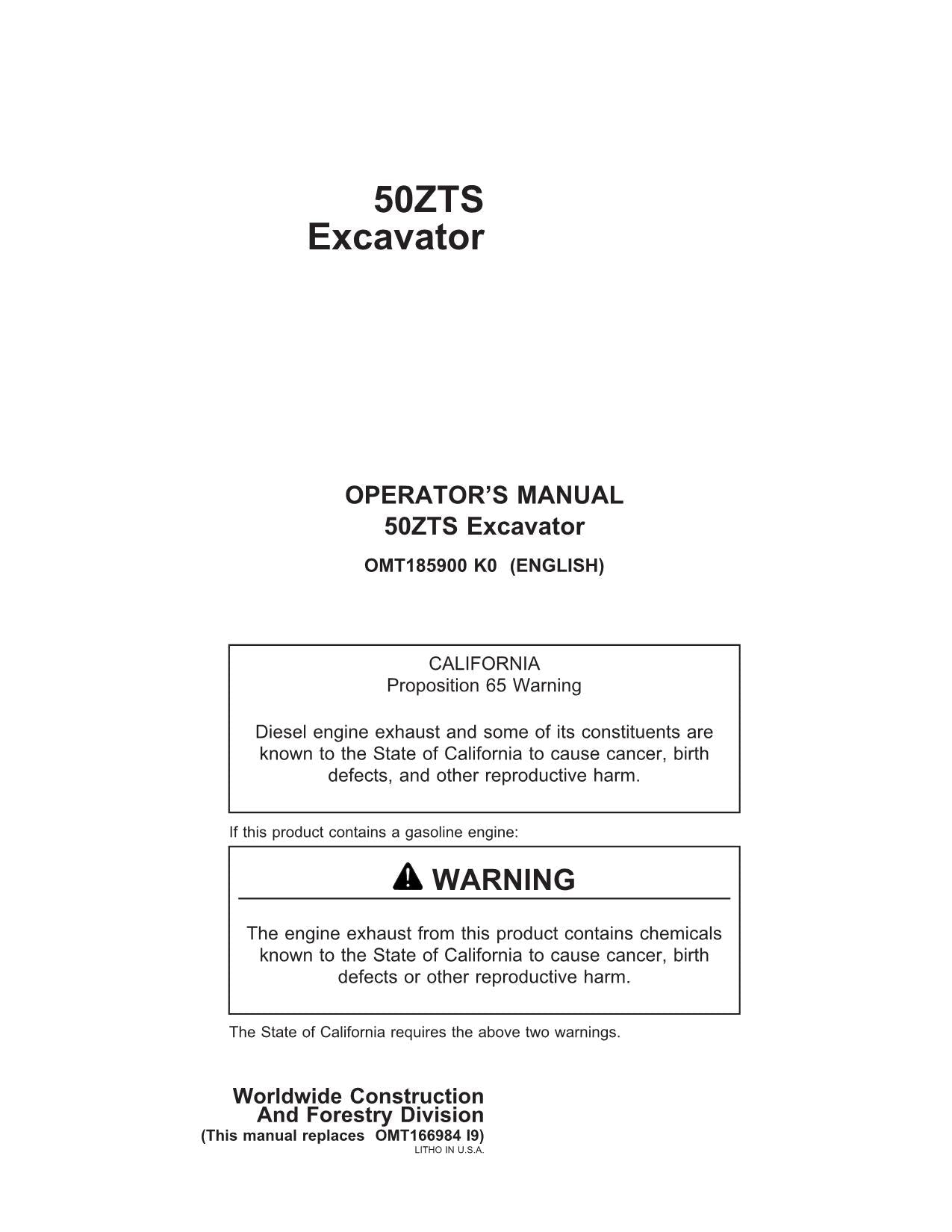 JOHN DEERE 50ZTS EXCAVATOR OPERATORS MANUAL