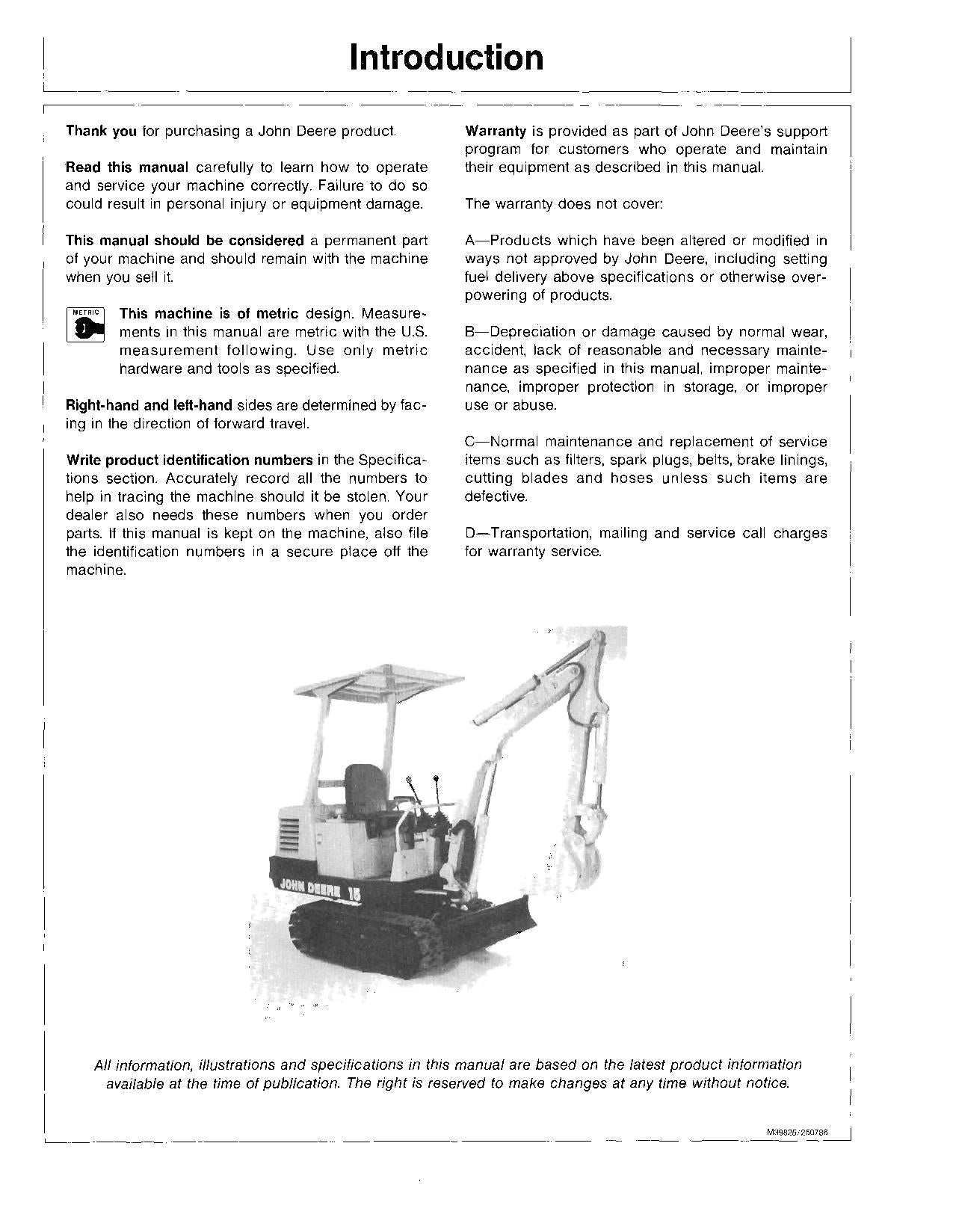 JOHN DEERE 15 EXCAVATOR OPERATORS MANUAL