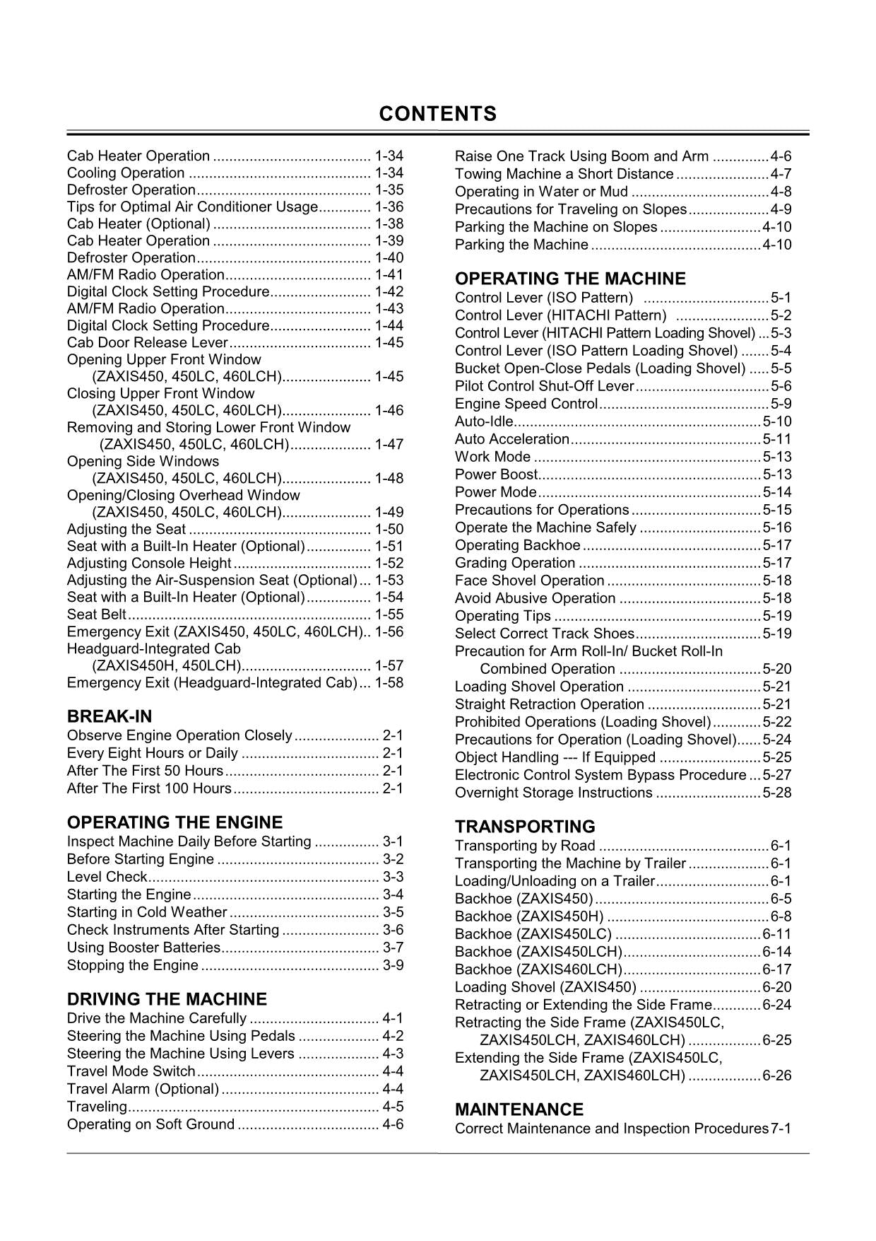 HITACHI ZAXIS ZX 450 450H 450LC 450LCH 460LCH EXCAVATOR OPERATORS MANUAL